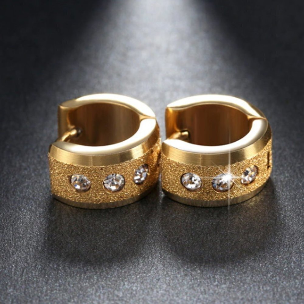 Hoop huggies earrings jewelry yellow gold tone stainless steel shiny crystals